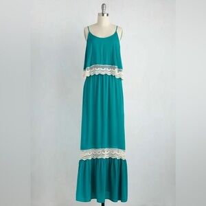 Maxi Dress Turquoise Teal White Crochet Lace Boho Modcloth Bo Bel Southern Belle